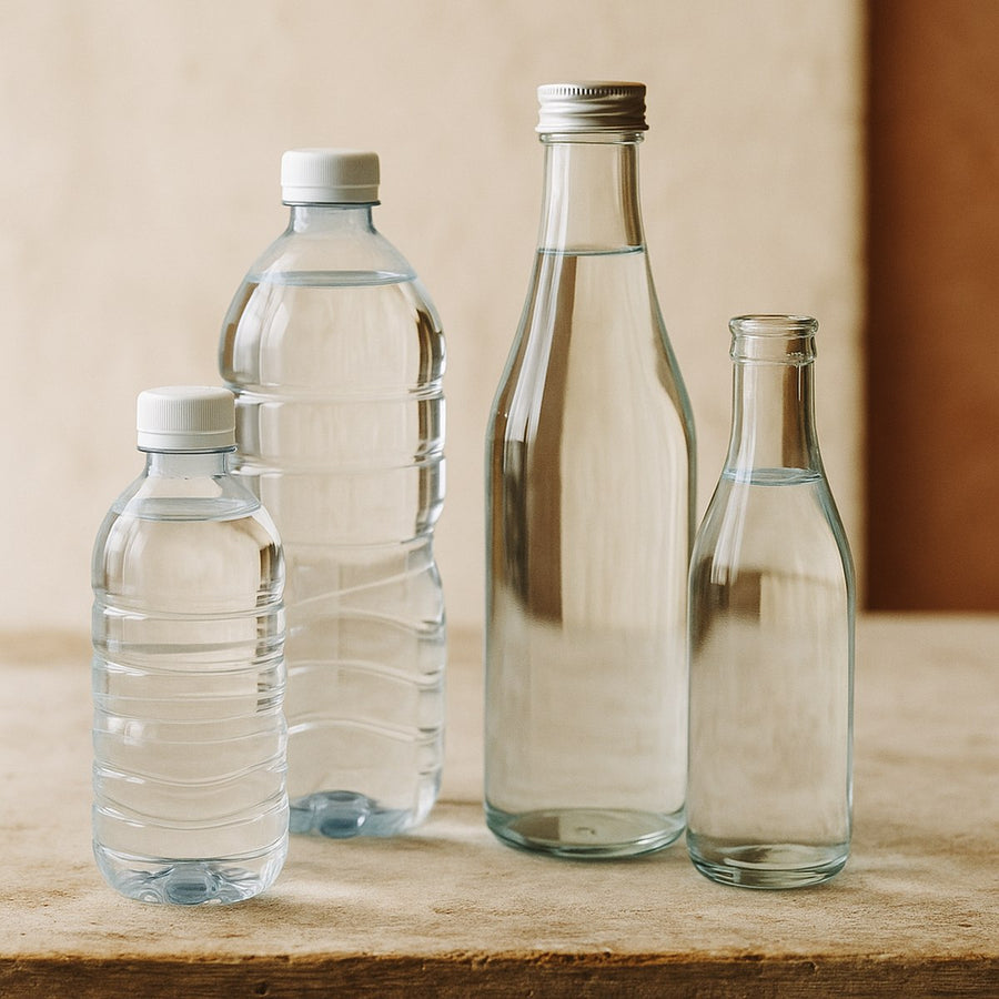 Agua natural embotellada en varios tamaños