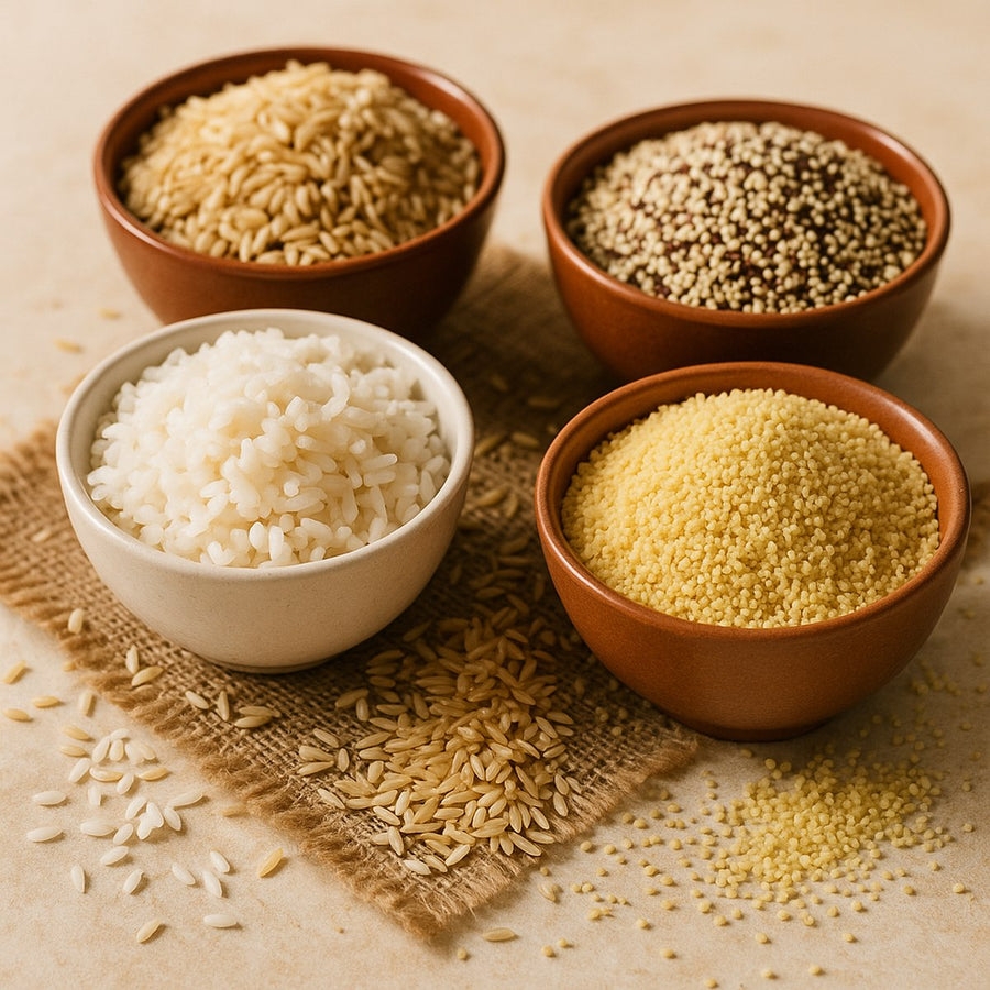 Arroz y granos en cuencos