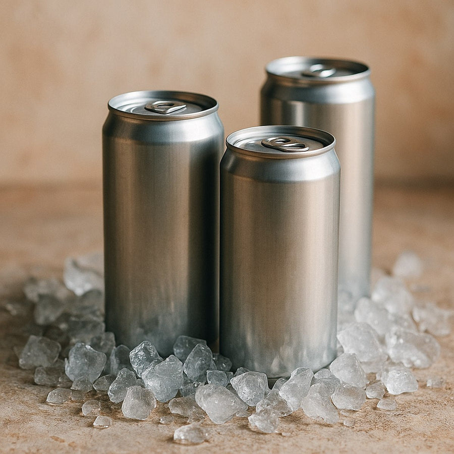 Bebidas energéticas en lata sobre hielo