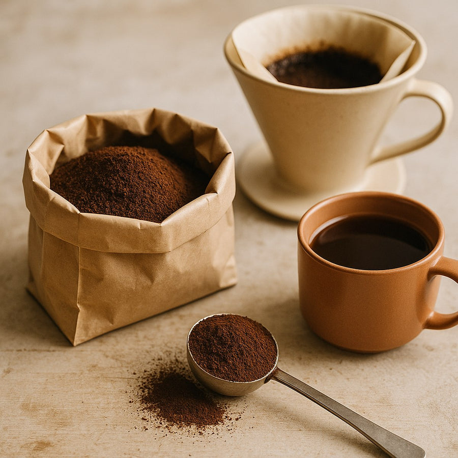 Café molido en bolsa y cuchara