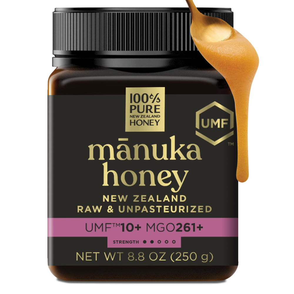 100% Pure New Zealand Honey frasco frontal mostrando etiqueta UMF claro