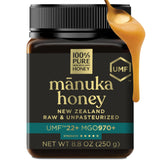 100% Pure New Zealand Honey frasco frontal mostrando etiqueta UMF 22+ y autenticidad
