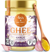 4th & Heart frasco frente mostrando ghee de ajo y etiqueta clara