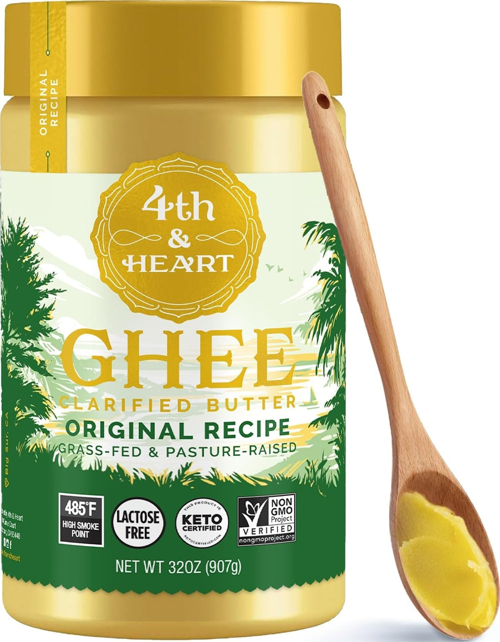 4th & Heart frasco frontal ghee 32 oz, presentación clara y confiable