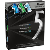 5 Gum caja frontal mostrando los 15 paquetes y 225 piezas, beneficio conveniencia