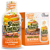 5-hour ENERGY frente del envase mostrando sabor Birthday Cake y efecto rápido