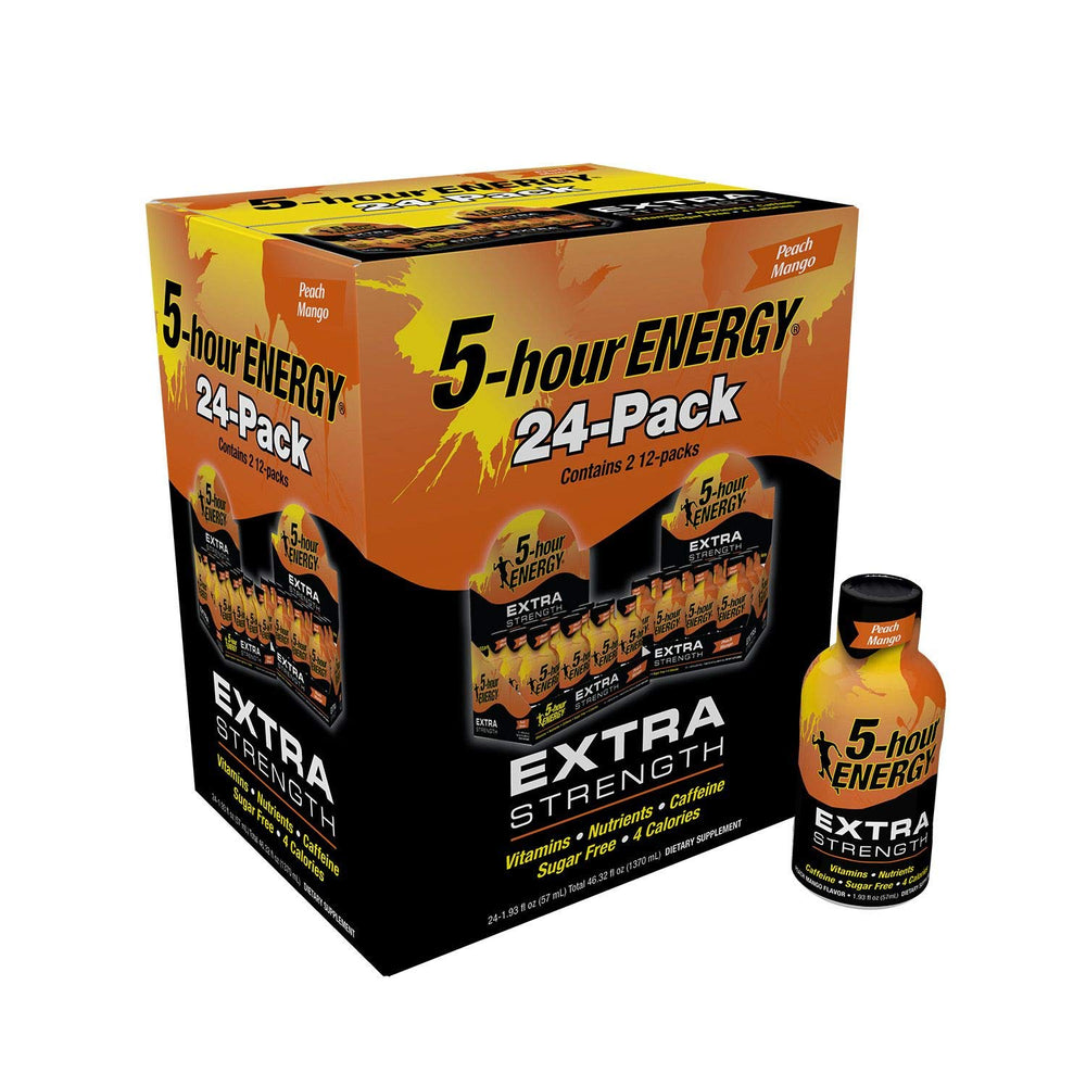 5-Hour Energy vista frontal del paquete, conveniencia y sabor durazno-mango