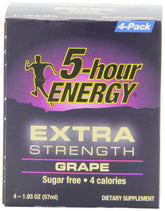 5-hour ENERGY botella frente mostrando etiqueta y sabor uva, beneficio energía rápida