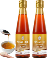 52USA aceite de sésamo frente mostrando botella y aroma tostado