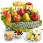 A Gift Inside bandeja frontal lista para regalar con fruta y lazo, presenta elegancia