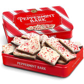 A Gift Inside lata frontal con peppermint bark y diseño festivo para regalar