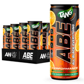 ABE all black everything lata frontal Tang Orange mostrando diseño y beneficio energía inmediata