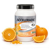 Accelerade envase frontal naranja mostrando porciones y marca para identificación rápida