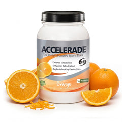 Accelerade envase frontal naranja mostrando porciones y marca para identificación rápida