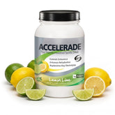 Accelerade envase frontal sabor limón-lima mostrando 60 servicios y beneficios