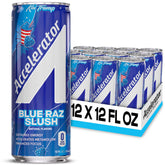 ACCELERATOR lata frontal con sabor blue raz y diseño llamativo