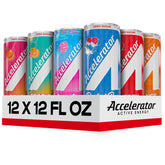 ACCELERATOR frontal del paquete mostrando latas y variedad de sabores, ideal para descubrir opciones
