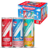 Accelerator pack frontal mostrando las doce latas y variedad disponible, ideal para energía sostenida