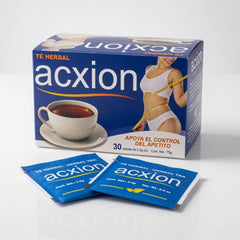 acxion frente de la caja mostrando 30 bolsitas y diseño claro, ideal para almacenamiento