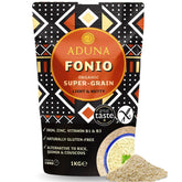 Aduna fonio paquete frontal mostrando 1 kg y etiquetado orgánico, conveniencia