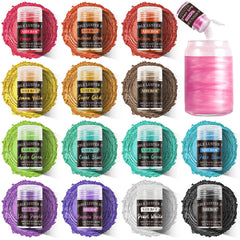 Aheroi set 15 colores frontal mostrando frascos con tapas dosificadoras y variedad cromática