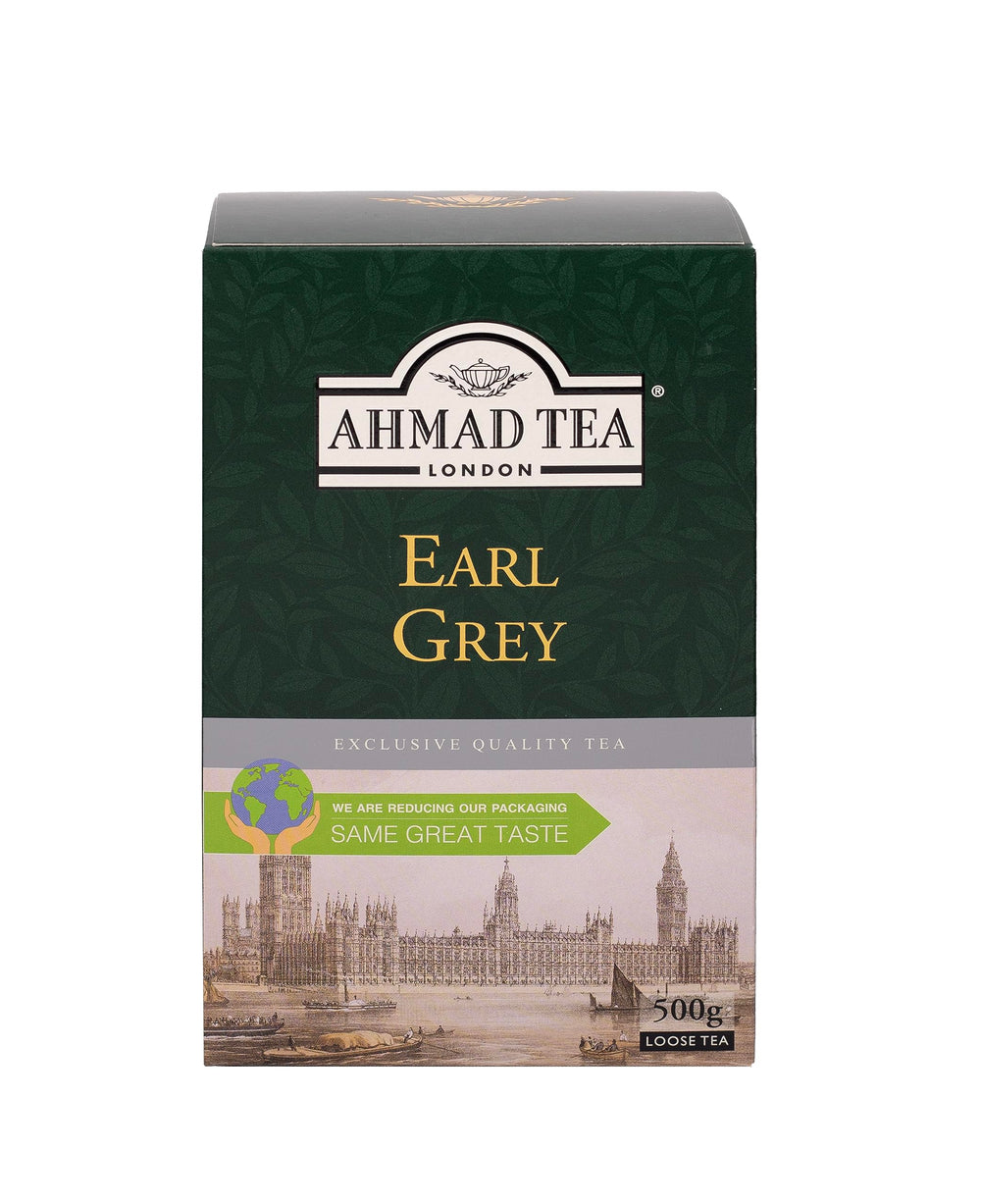 Ahmad Tea caja frontal mostrando 500 g y diseño, conveniencia de gran formato