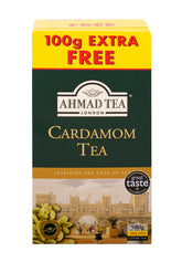 Ahmad Tea paquete frontal de cardamomo mostrando marca y presentación 454g, imagen atractiva