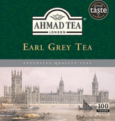 Ahmad Tea pack frontal mostrando 100 bolsitas etiquetadas y atractivo diseño