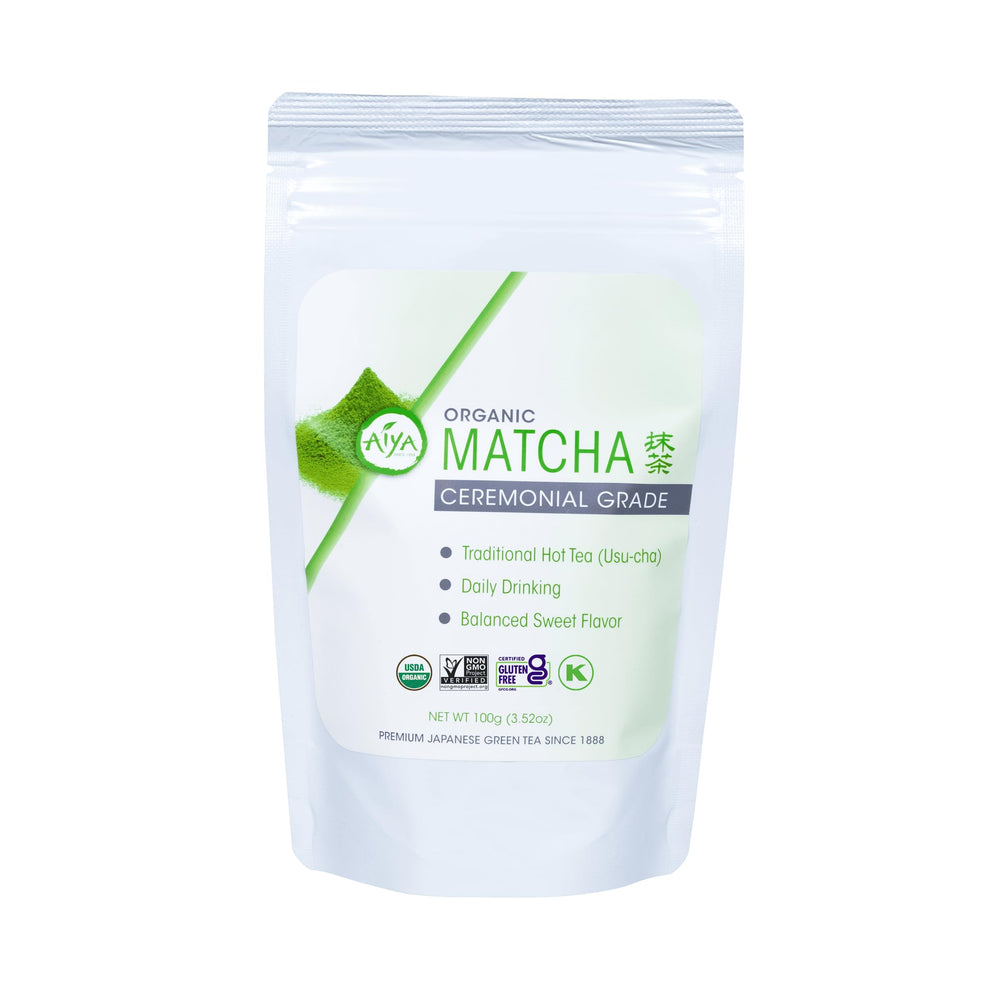 AIYA SINCE 1888 paquete frontal mostrando matcha cerimonial, frescura garantizada