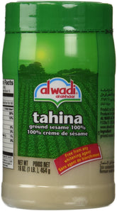 Al Wadi tahina frasco delantero mostrando etiqueta y tamaño práctico