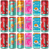Alani Nu pack frontal con 18 latas mostrando cinco sabores y diseño colorido, práctico para llevar