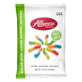 Albanese bolsa frontal 4.5 lb mostrando gomitas neon y variedad de sabores