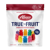 Albanese bolsa frontal 25 oz mostrando mezcla de sabores y resealable