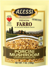 Alessi farro frente del empaque mostrando etiqueta y formato pack, comodidad al almacenarlo