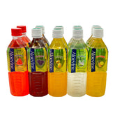 Aloevine vista frontal del pack con 10 botellas mostrando etiquetas y variedad