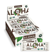 ALOHA frente de caja de 12 barras muestra sabor coco chocolate almendra y conveniencia