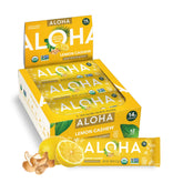 ALOHA empaque frontal Lemon Cashew mostrando caja de 12 unidades y beneficios
