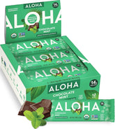 ALOHA frontal del empaque mostrando sabor chocolate menta y beneficios