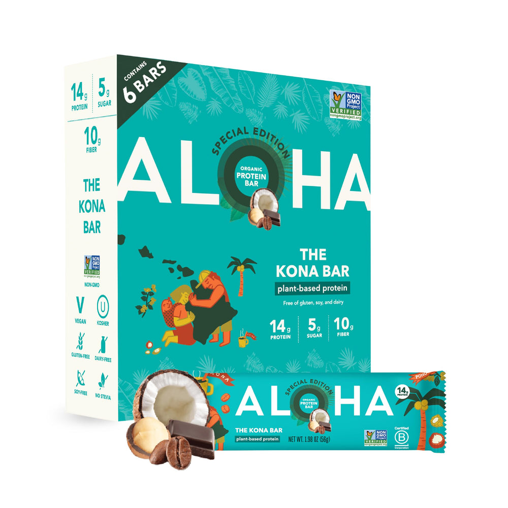 ALOHA empaque frontal mostrando caja de seis barras, conveniencia y sabor