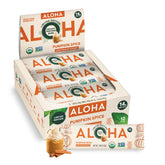 ALOHA caja frontal Pumpkin Spice mostrando 12 barras, opción orgánica y baja en azúcar