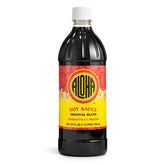 Aloha Shoyu vista frontal de la botella que exhibe su etiqueta auténtica y formato práctico