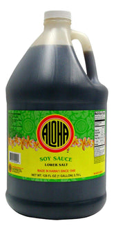 Aloha Shoyu envase de 1 galón vista frontal con etiqueta clara y uso versátil