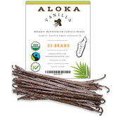 Aloka Vanilla paquete delantero mostrando 25 vainas y conservación prolongada