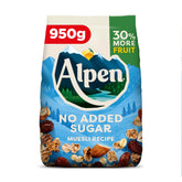 Alpen muesli 950g frente del envase mostrando marca y beneficio sin azúcares añadidos
