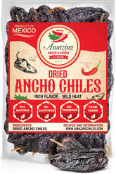 Amazing Chiles & Spices paquete frontal mostrando chiles Ancho y beneficio de versatilidad