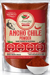 Amazing Chiles & Spices paquete frontal de Ancho Chile Powder mostrando 1LB y beneficios