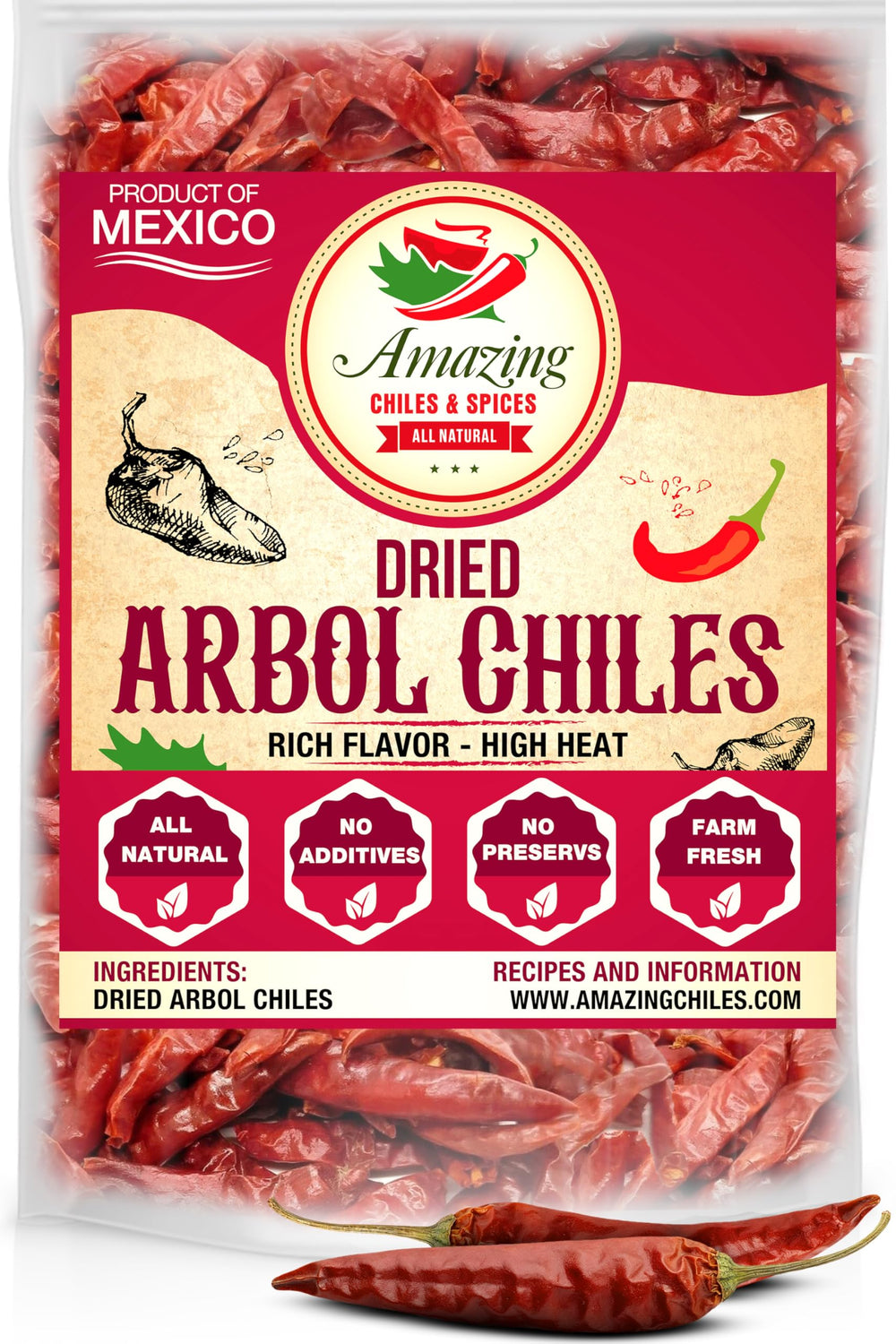 Amazing Chiles & Spices paquete frontal de chiles de árbol mostrando peso 1LB y beneficio de sabor auténtico