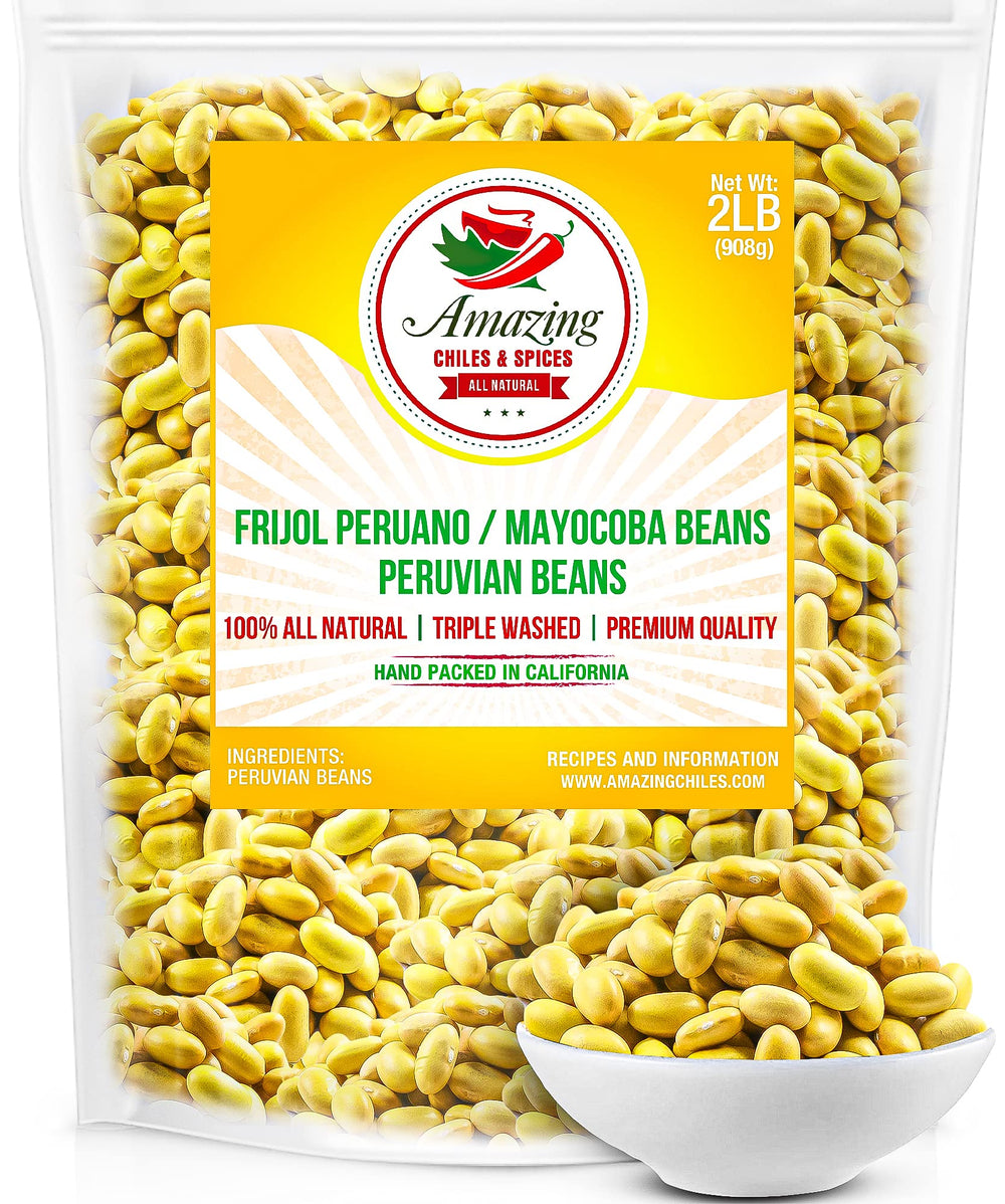 Amazing Chiles & Spices paquete frontal de frijoles canarios mayooba mostrando marca