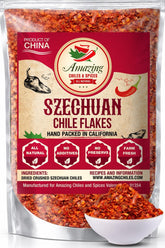 Amazing Chiles & Spices copos Sichuan frontal mostrando bolsa resellable y color rojo vibrante