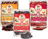 Amazing Chiles & Spices envases frontales mostrando las tres variedades y facilidad de uso